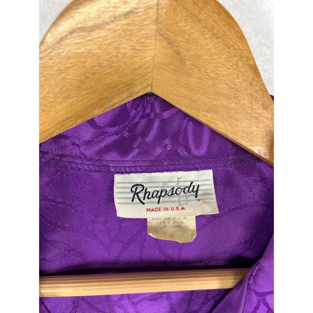 Vintage 80s Rhapsody Women 42 Purple Jacquard Floral Silky Button Up‎ Blouse Top